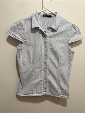 Brandy Melville Blue White Seersucker Stripe Button Front Puff Sleeve Blouse One